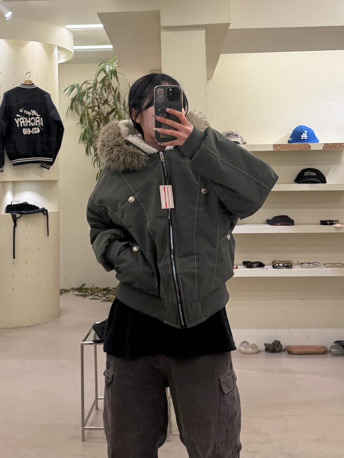 빈티지 퍼 후드 숏 패딩 점퍼 카키  상품이미지1