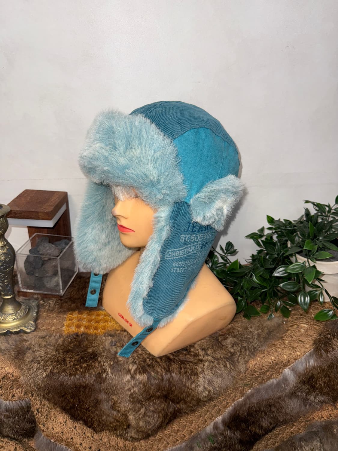 Sky blue corduroy lettering trapper hat 상품이미지1