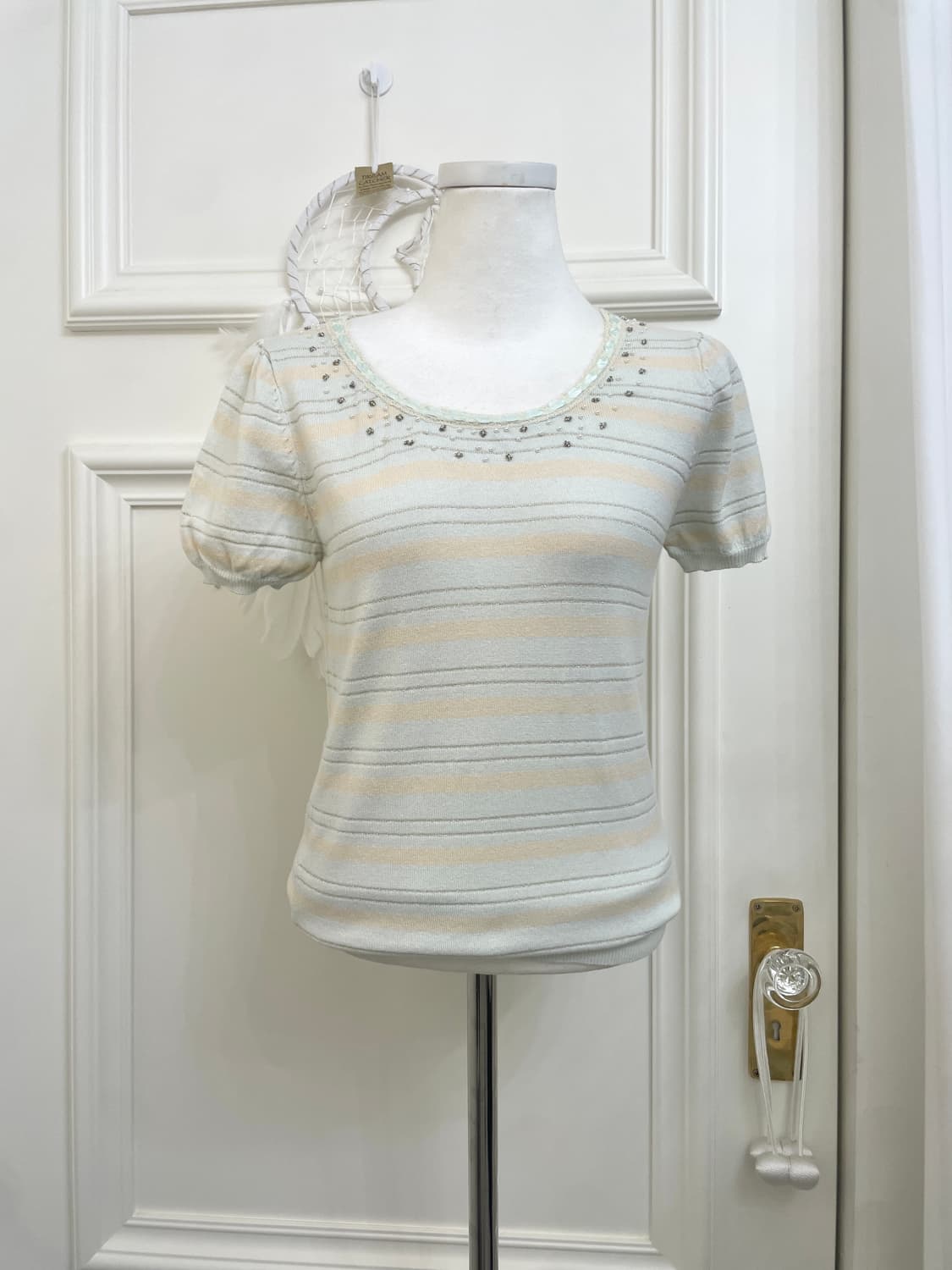 mint beige silver line puff lovely top 상품이미지1