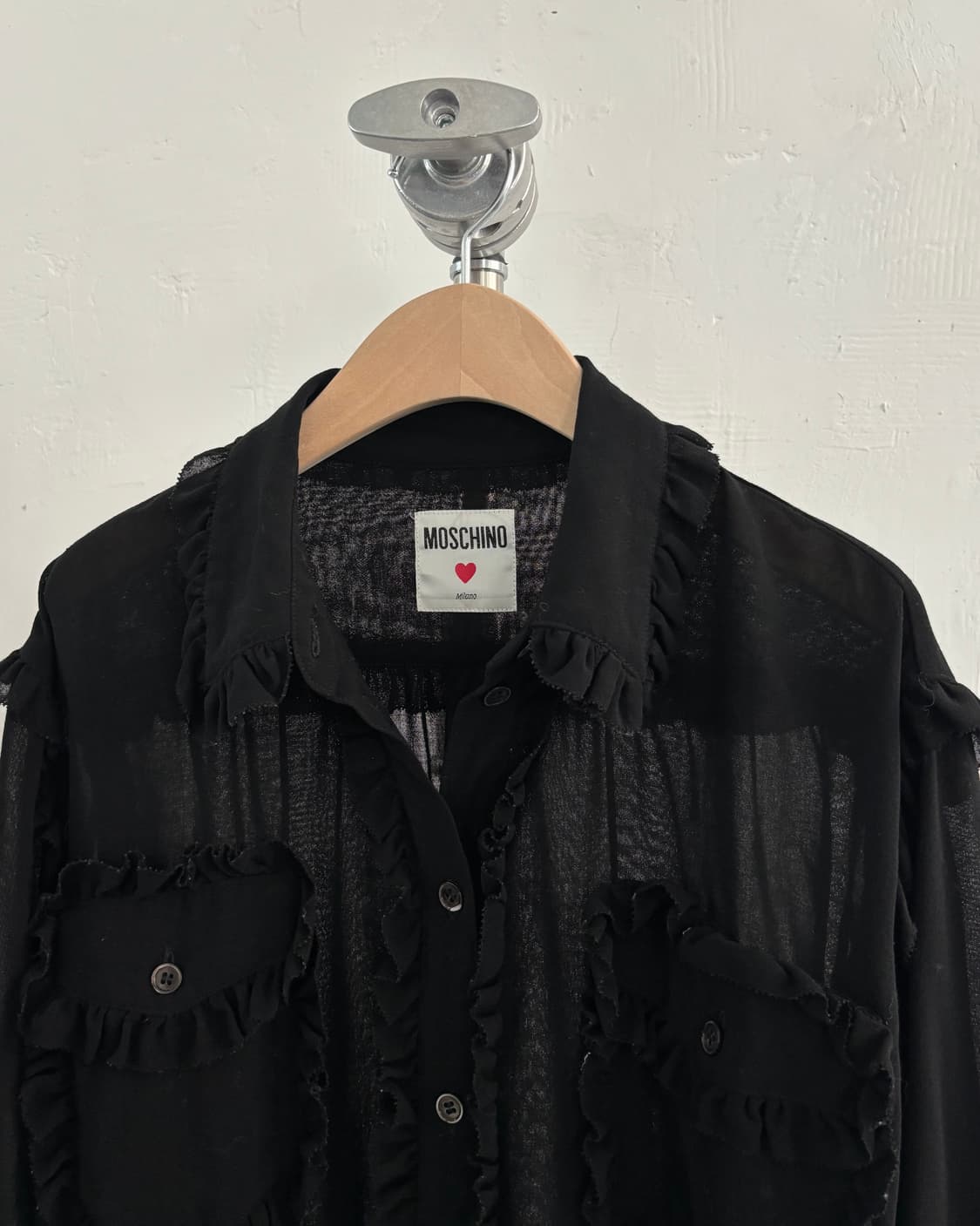 Moschino 모스키노 밀라노 블랙 러플 시어 블라우스 상품이미지5