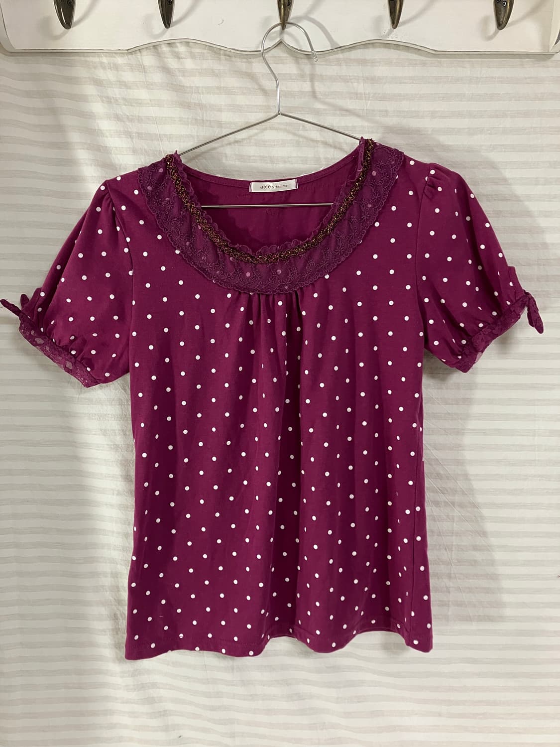 빈티지 액시스팜 퍼플 도트 레이스 반팔 1061 모리걸 y2k 스트릿 갸 상품이미지1