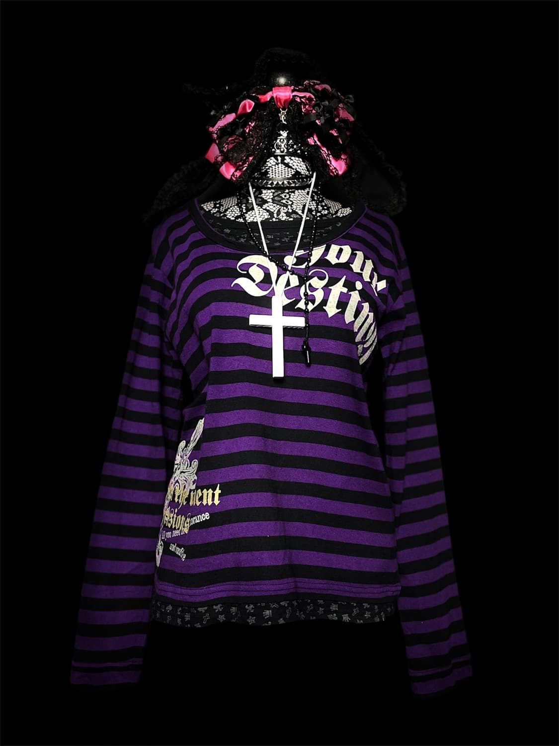 JPN 보라 줄무늬 스트라이프 레터링 펑크 롱슬리브 상품이미지1