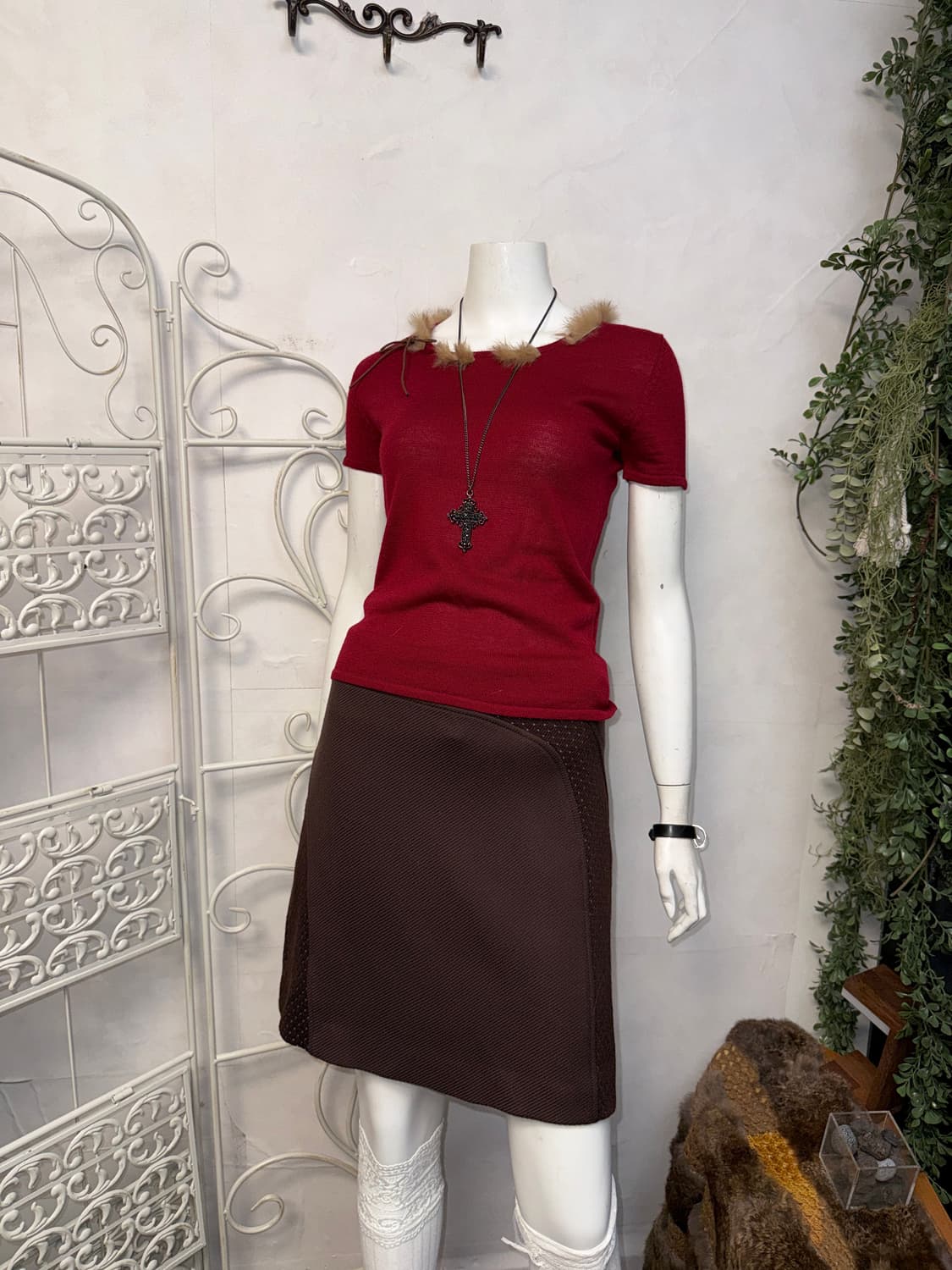 Red fur trimmed half knit 상품이미지2