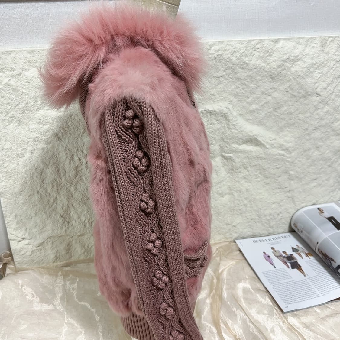 빈티지 연한 핑크 폭스퍼 후드 토끼털 니트자켓  후드집업 상품이미지2