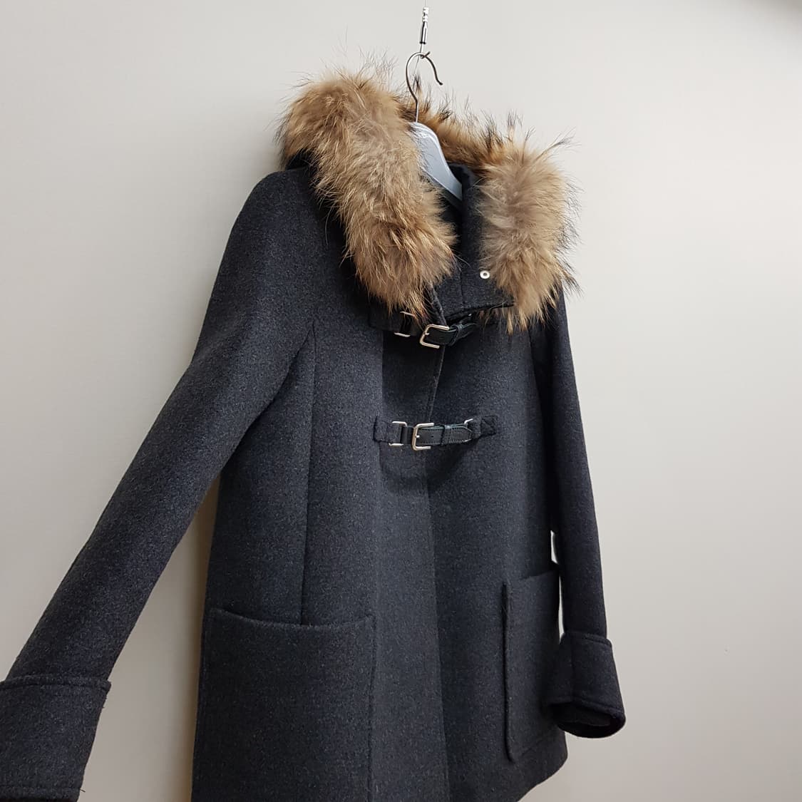 MAJE 마쥬 폭스퍼 후드 벨티드 더플 울 코트 36사이즈 상품이미지4