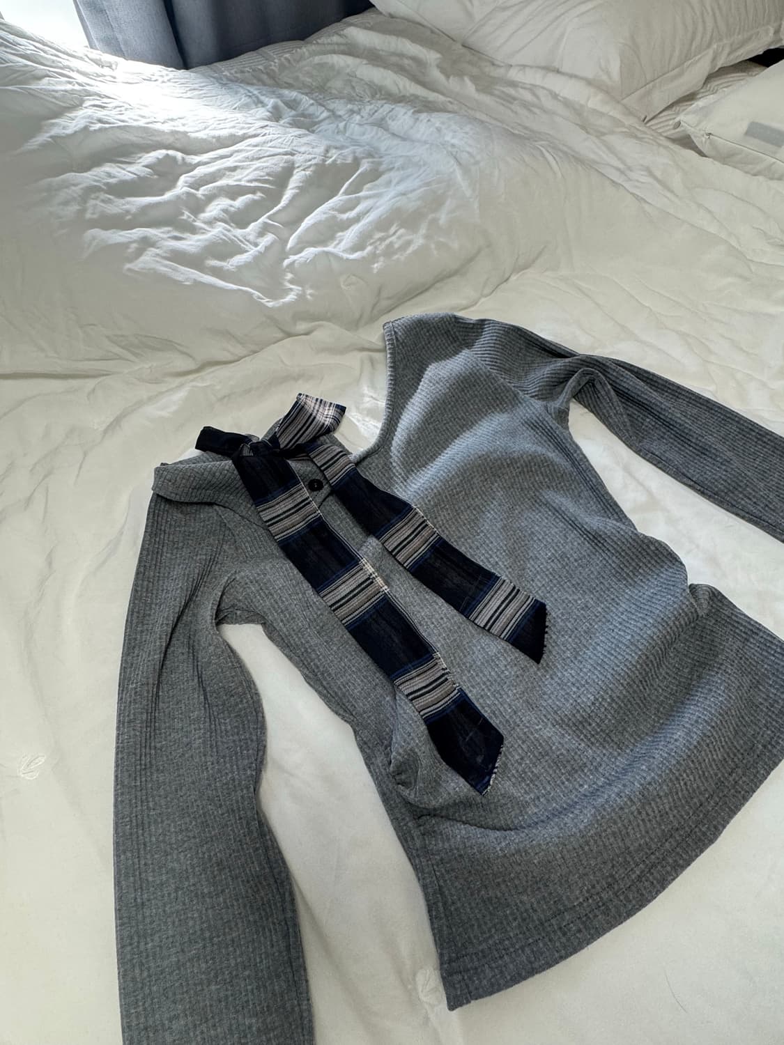 발레코어 체크 리본 옆셔링 원오프 니트 상품이미지4