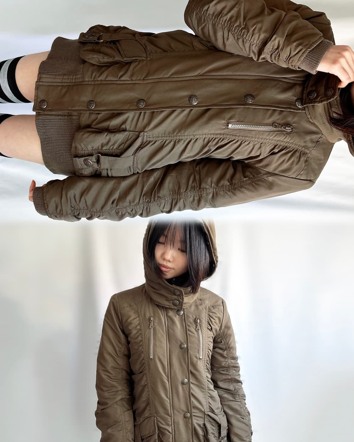 Khaki shrring banded padded field coat 상품이미지4