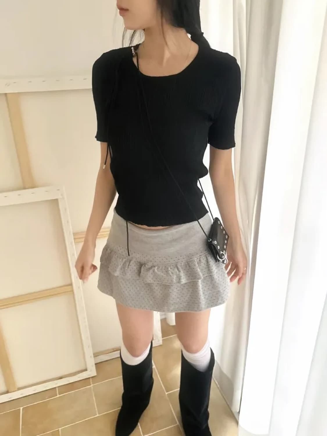 프릴 도트 미니 스커트 회색 Free 상품이미지2