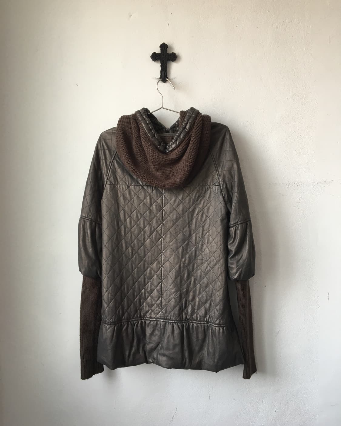 Knit layered leather hood coat 상품이미지3