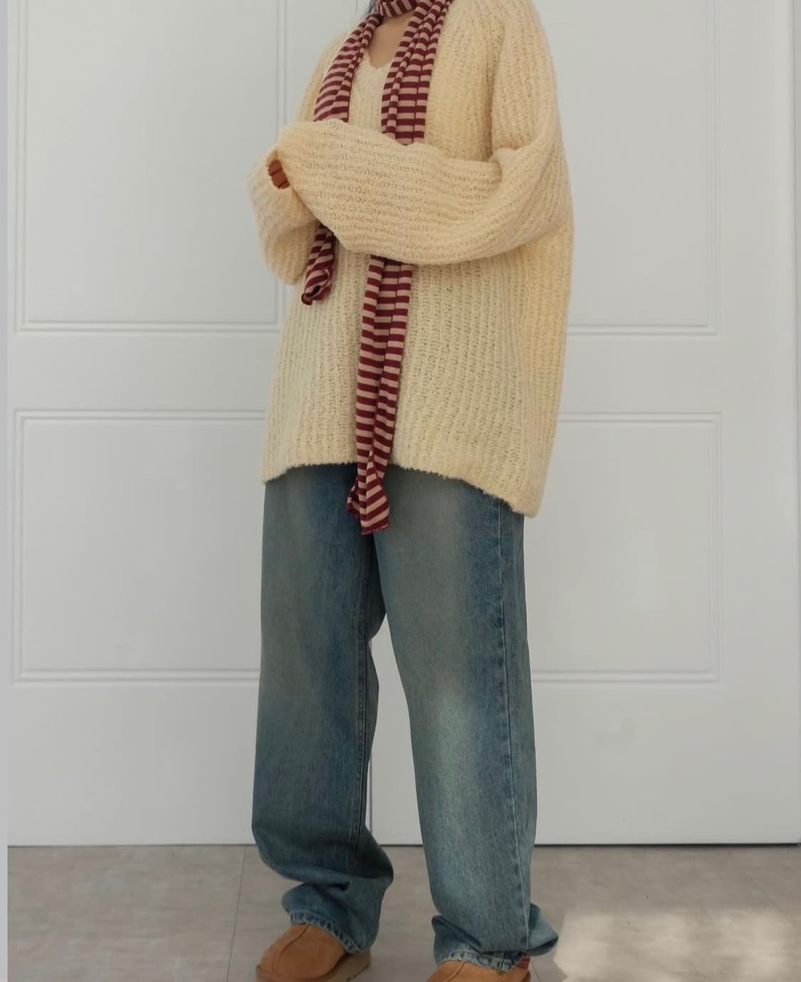 서울베이스드 와인/레드/빨강 줄무늬 면 목도리 스카프 상품이미지3