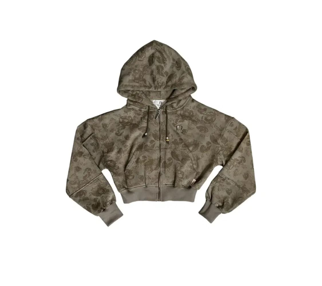 뉴얼린 플라워 비즈 엠블럼 후드집업 카키브라운 상품이미지1