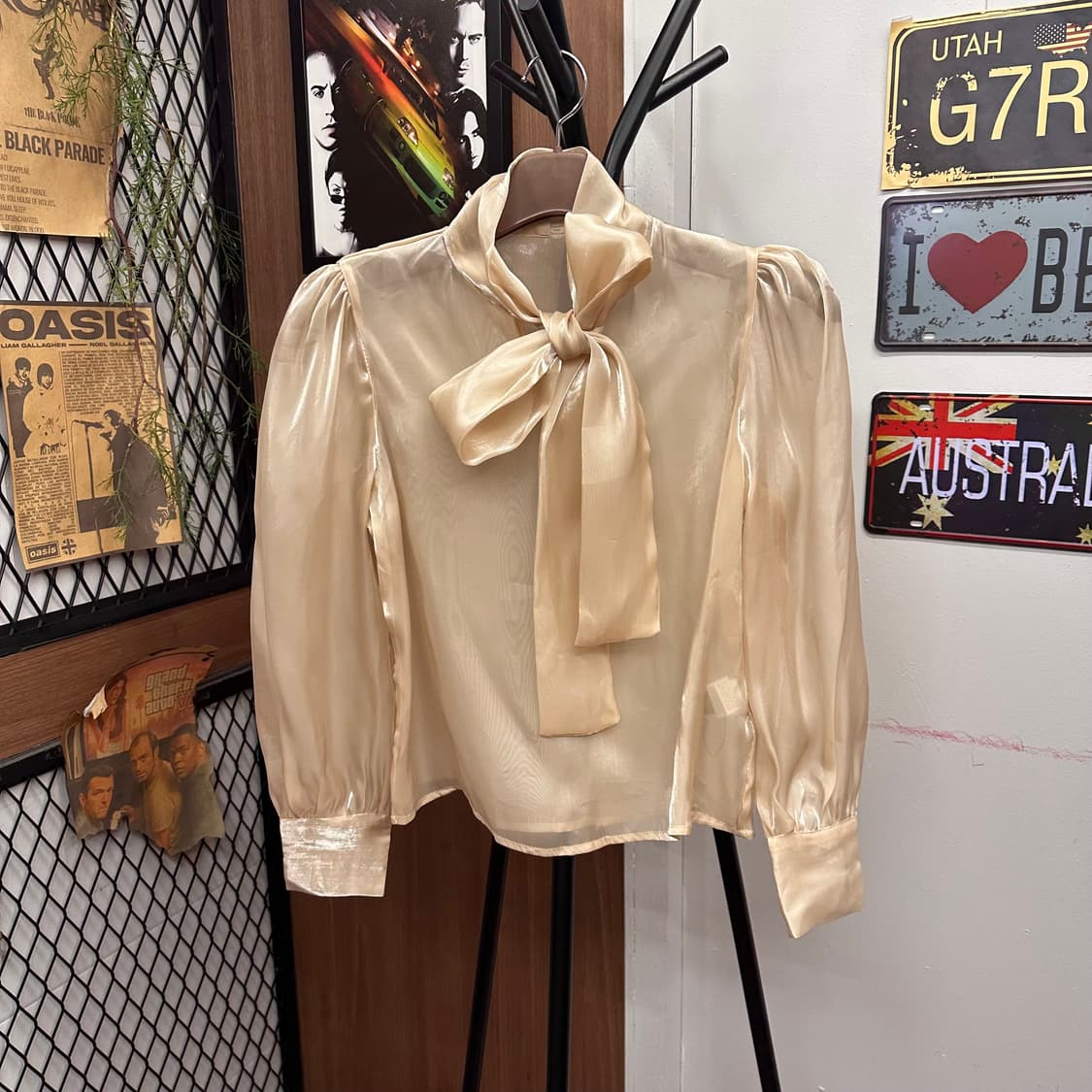Beige Shimmer Sheer Long-Sleeve Blouse 상품이미지1