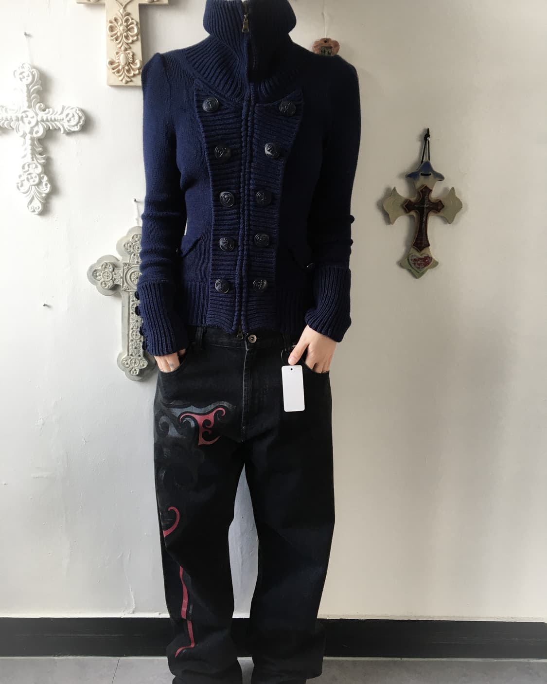 Double button high neck blue knit zip up 상품이미지5