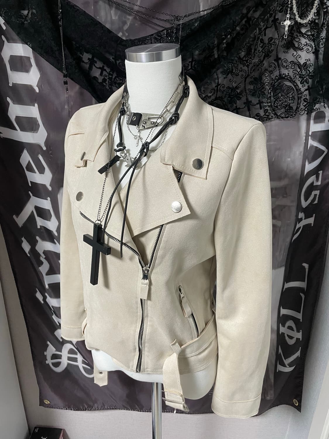 00s 핀터레스트맛 아이보리 비대칭 사선지퍼 벨티드라이더자켓 오네갸루 상품이미지2