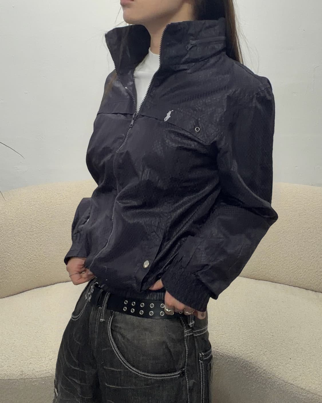 90s 올드스쿨 POLO 딥퍼플 체크 나일론 터틀넥 집업 상품이미지2