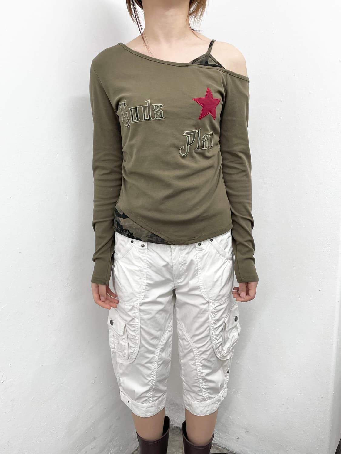 y2k 원숄더 카모 레이어드 슬리브 상품이미지4