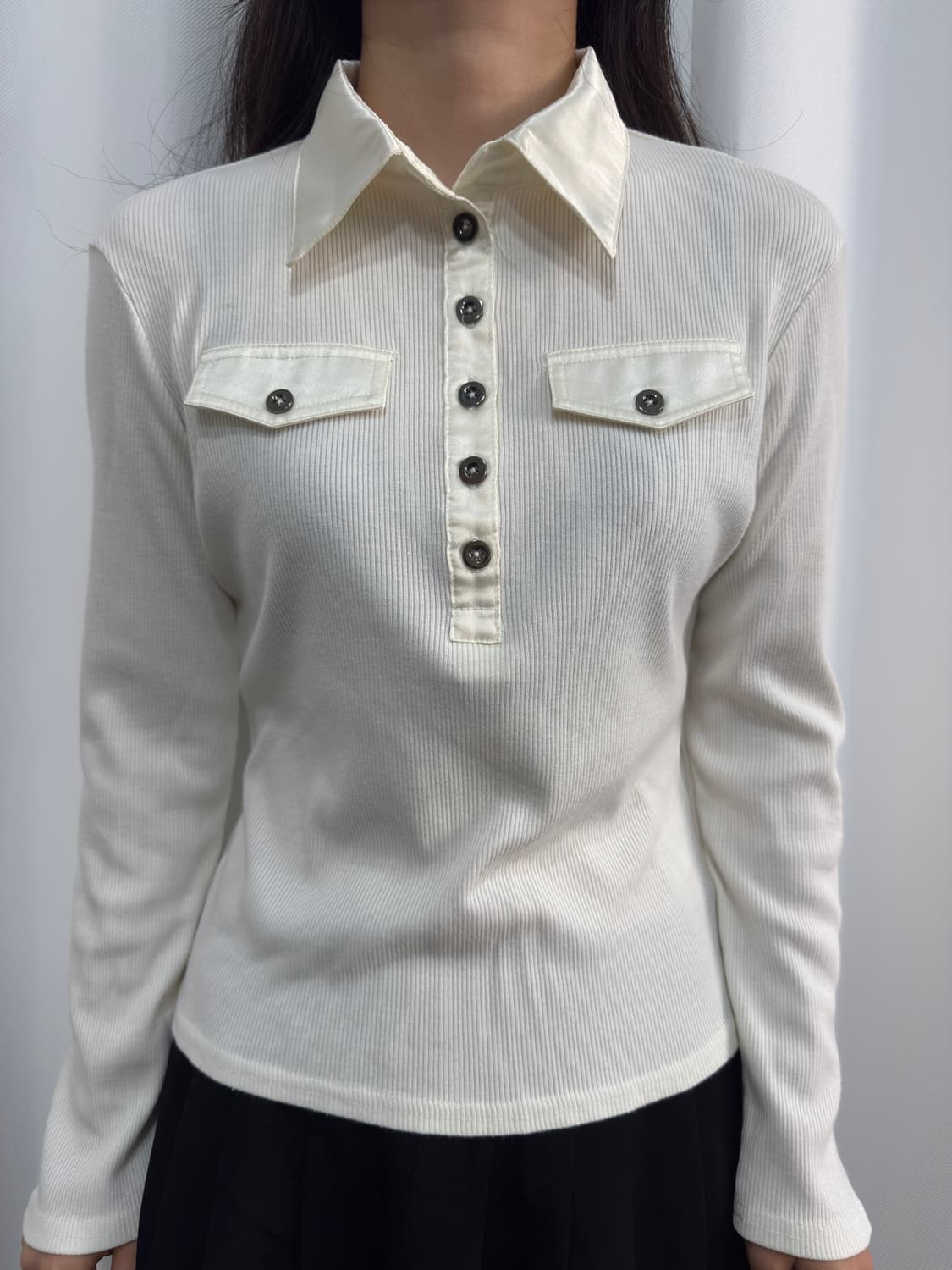 white pocket knit slim top 상품이미지2