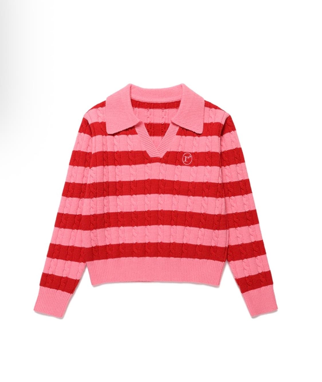 로라로라 브이넥 핑크 배색 케이블 스트라이프 오픈 카라 크롭 니트 상품이미지3