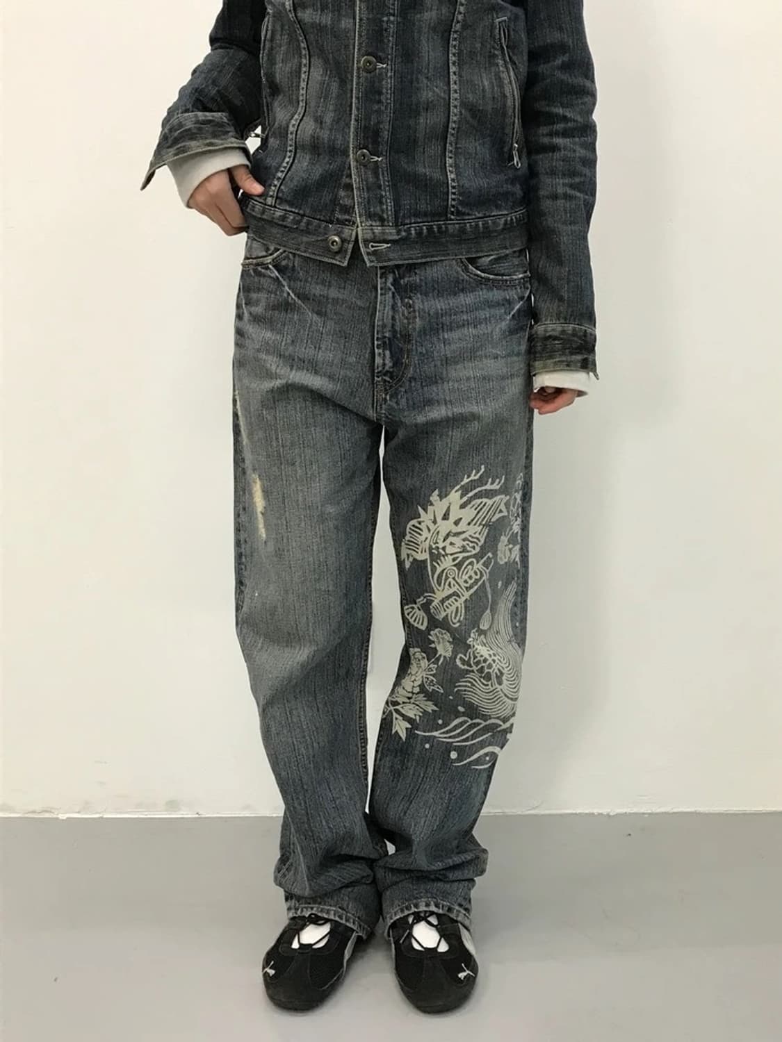 JPN Oriental Graphic Print Denim Pants 상품이미지1