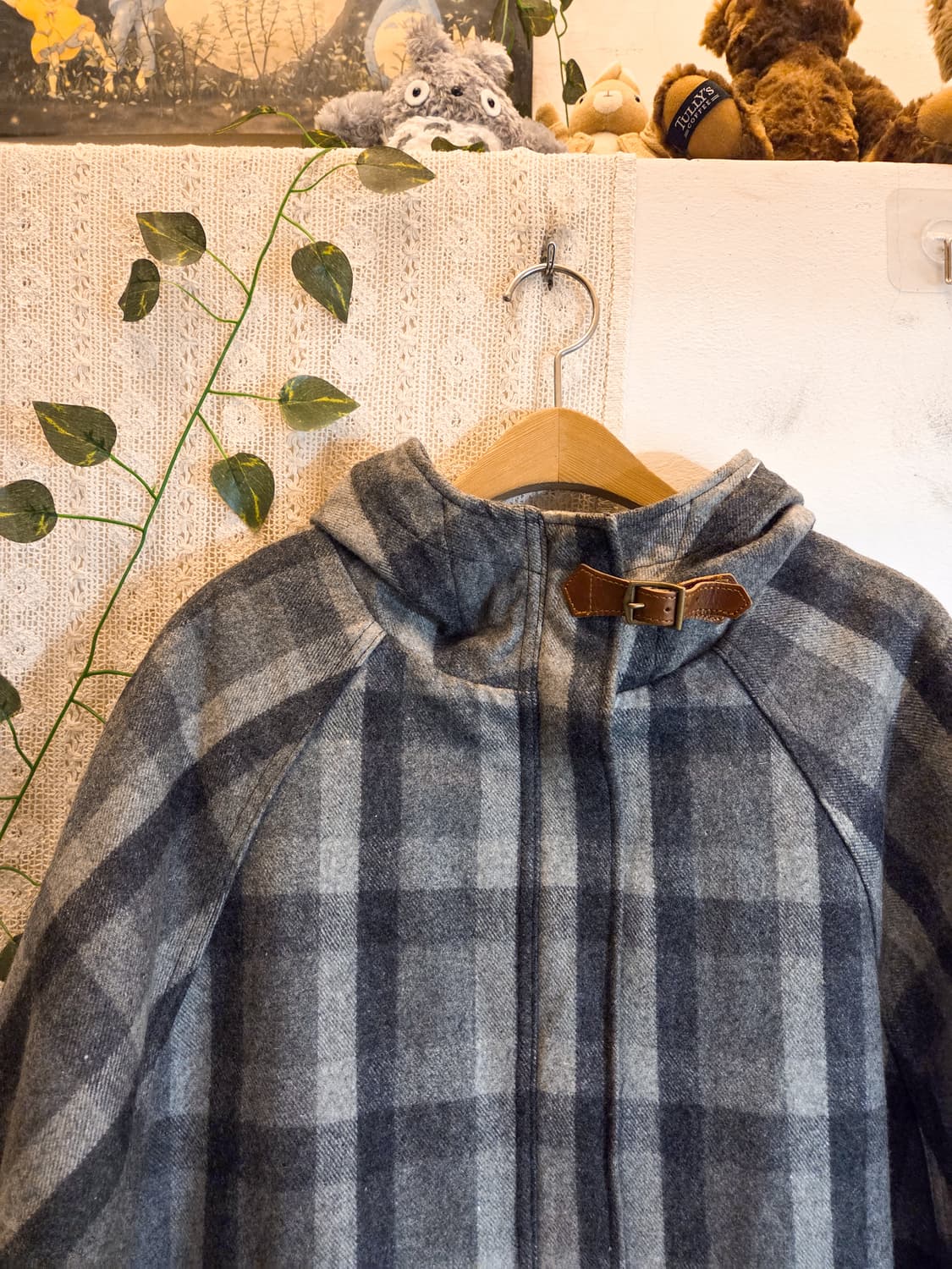 그레이 체크 케이프 울 코트 상품이미지2