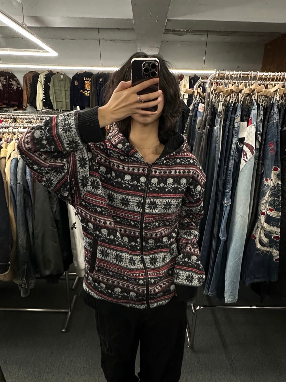 4L)TimeStep 일본 빈티지 스컬 노르딕 패턴 플리스 니트 후드집업 상품이미지1