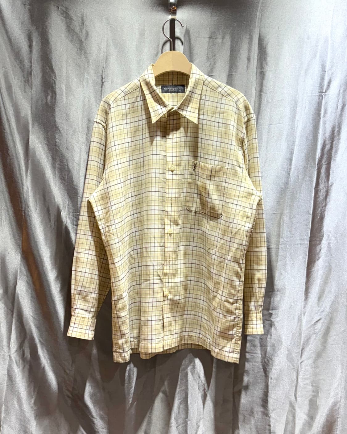 L YSL 입생로랑 옐로우 원포켓 린넨 체크셔츠 상품이미지2