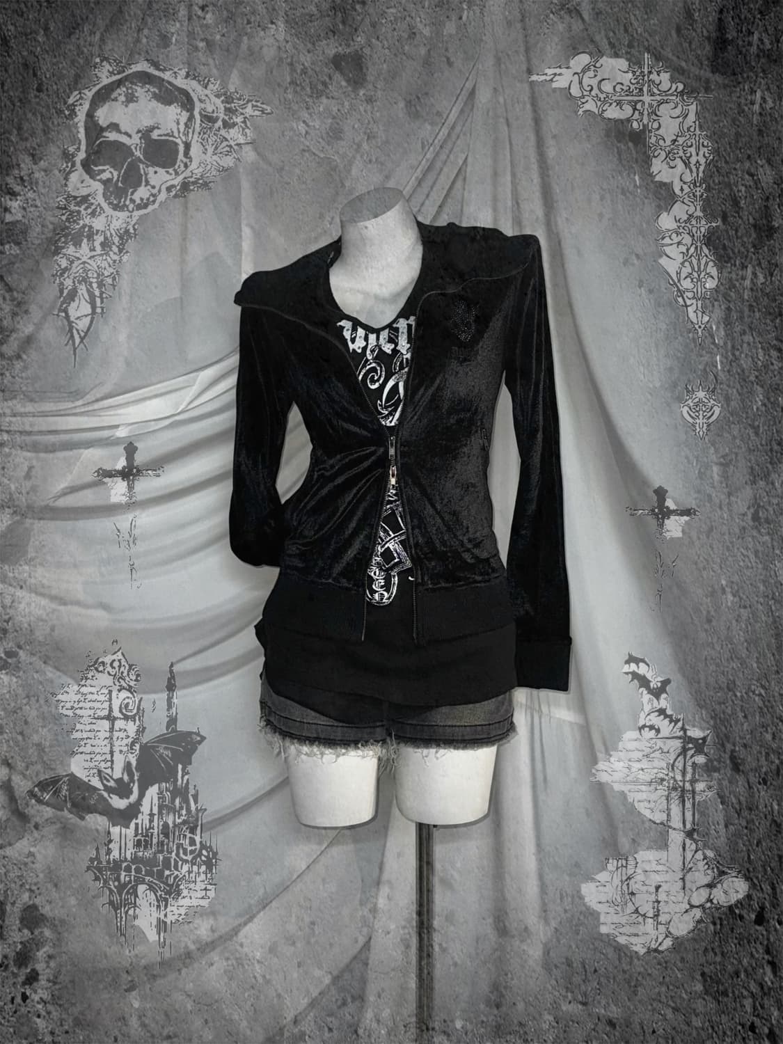 Jack rose잭로즈 무채색 데일리펑크 해골자수 벨벳집업 코디세트 상품이미지1