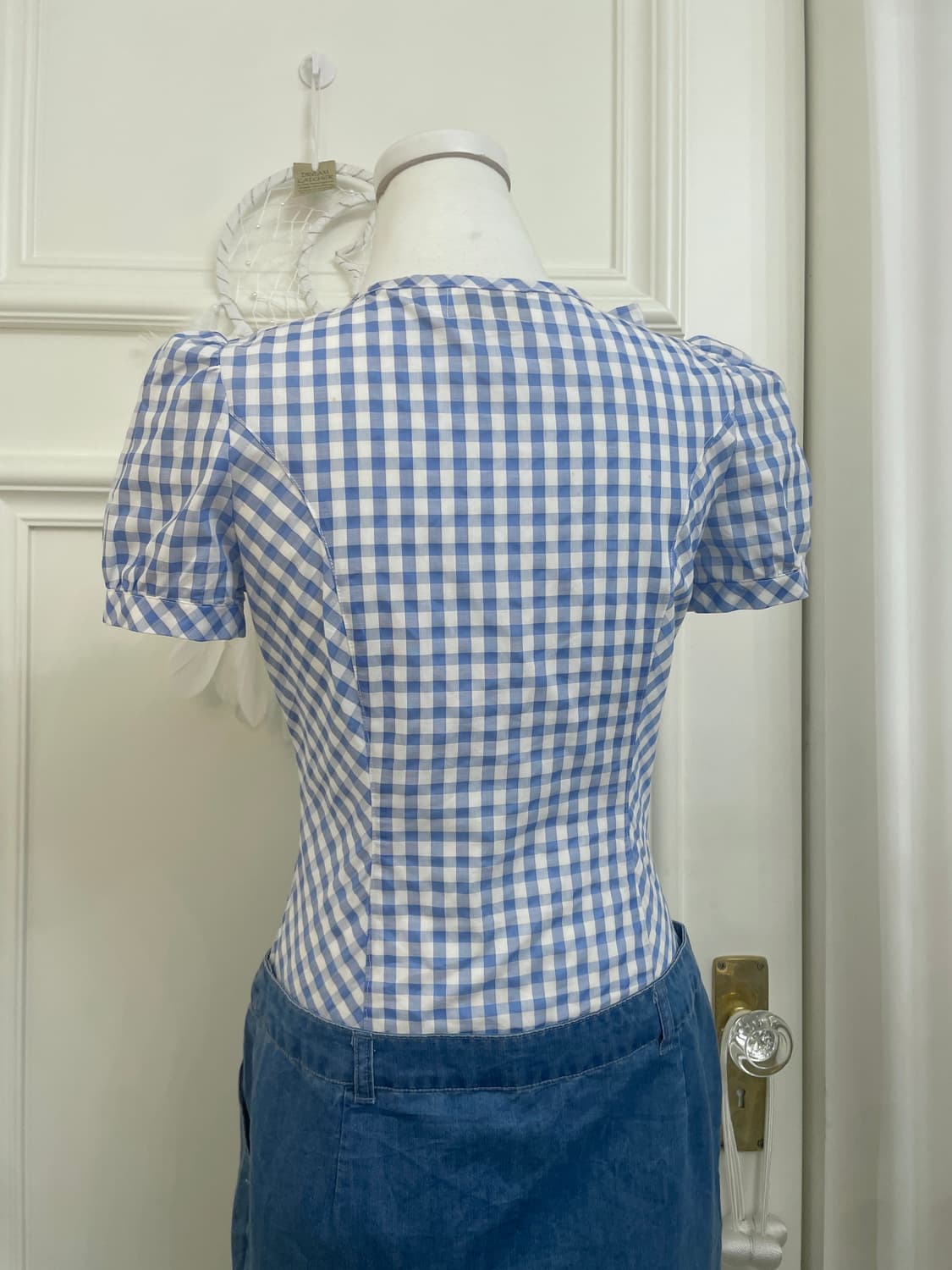 sky blue ginham check ruffle top denim s 상품이미지4