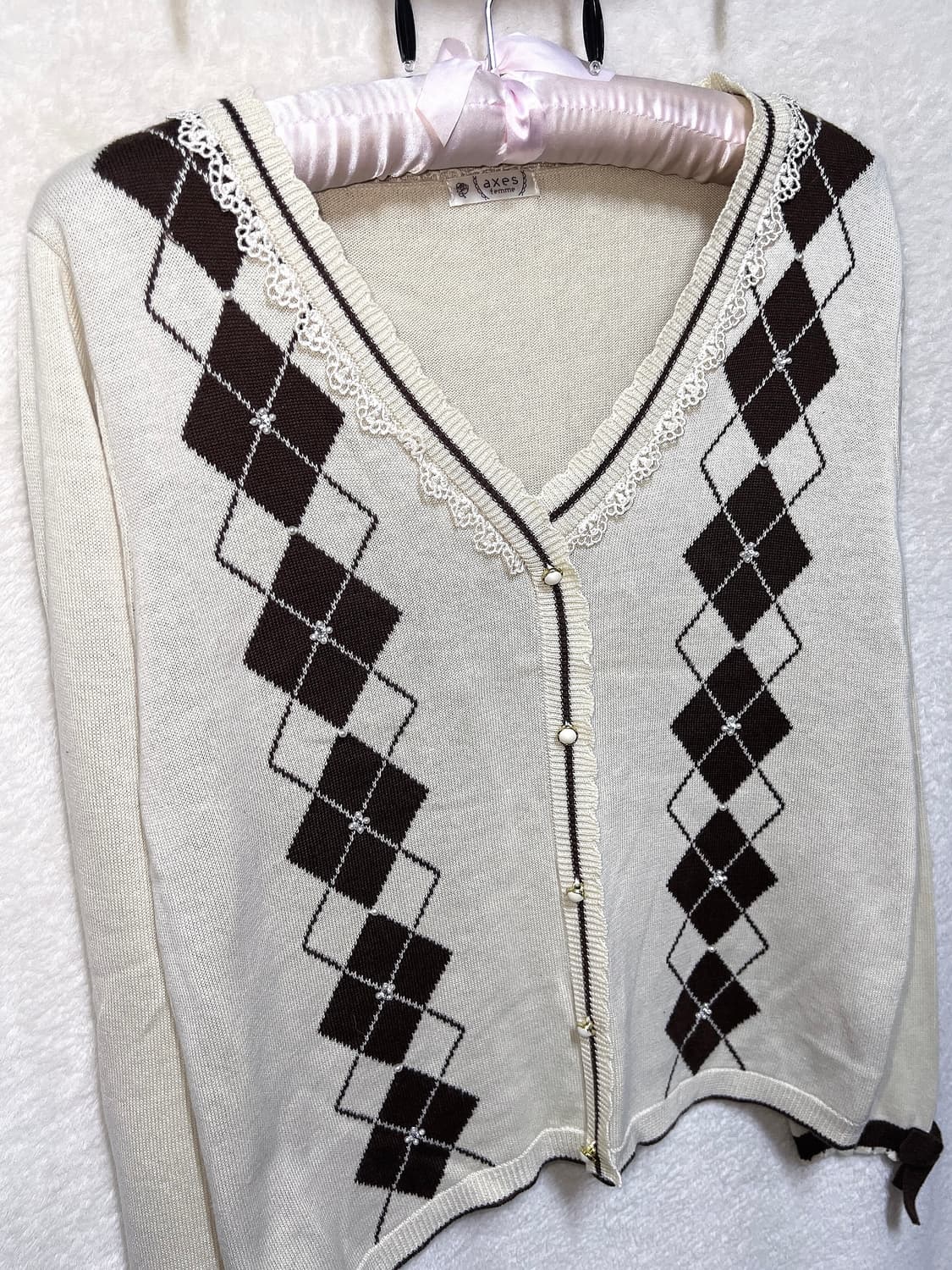 엑시즈팜 아가일 레이스 진주 리본 라떼갸루 로걀탑 니트 러블리 핀터 모리 상품이미지8