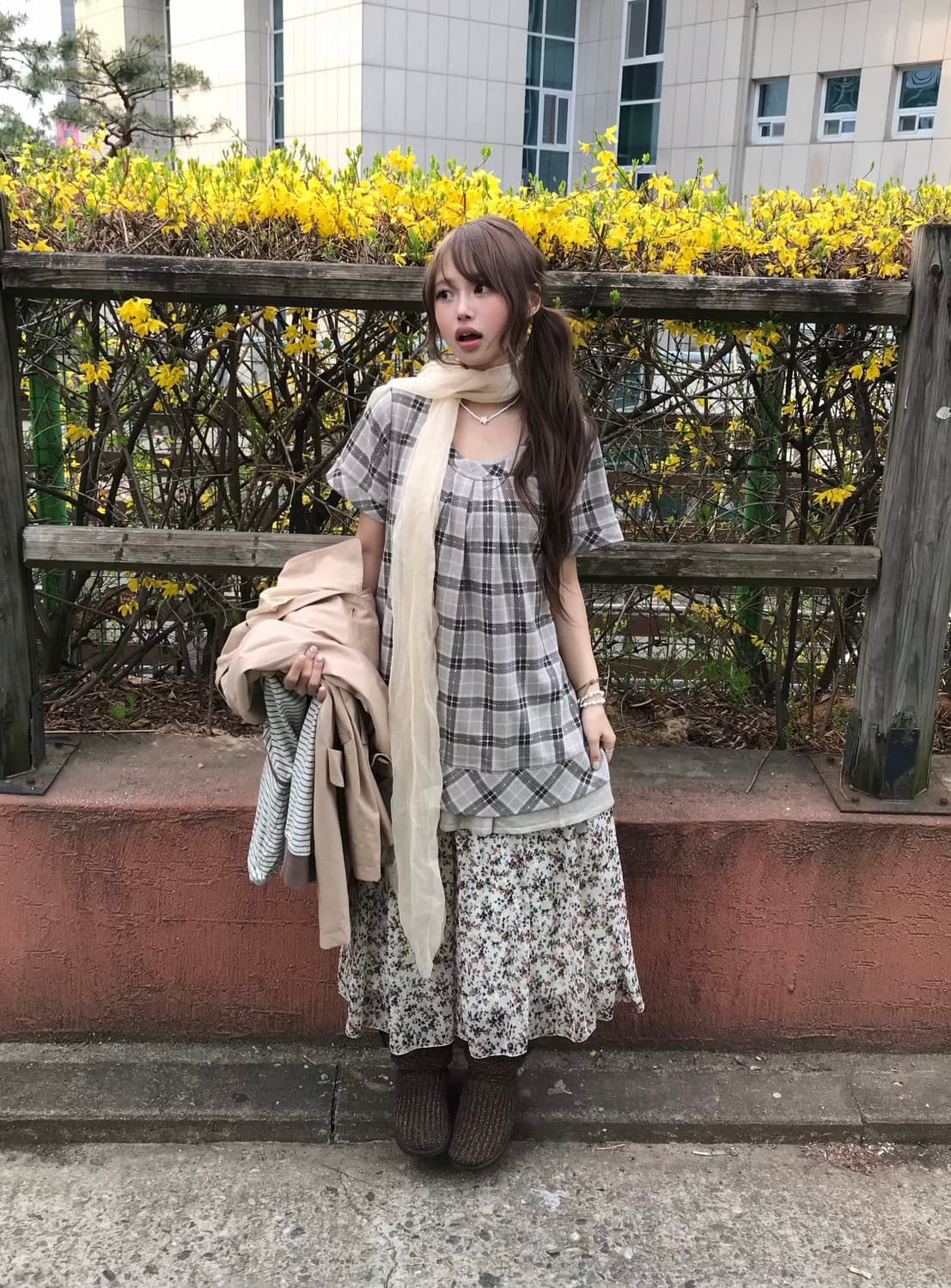 베이지 패턴 하구미 너드 모리걸 야상 코디세트 상품이미지3