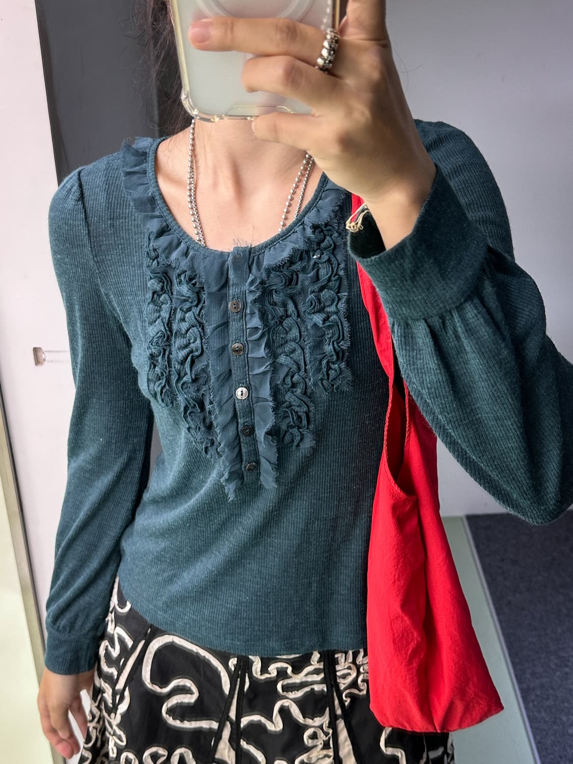 deep blue green ruffle lace top 상품이미지3