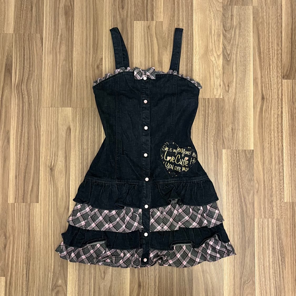멜빵 청치마 원피스 체크 리본 하트  상품이미지1