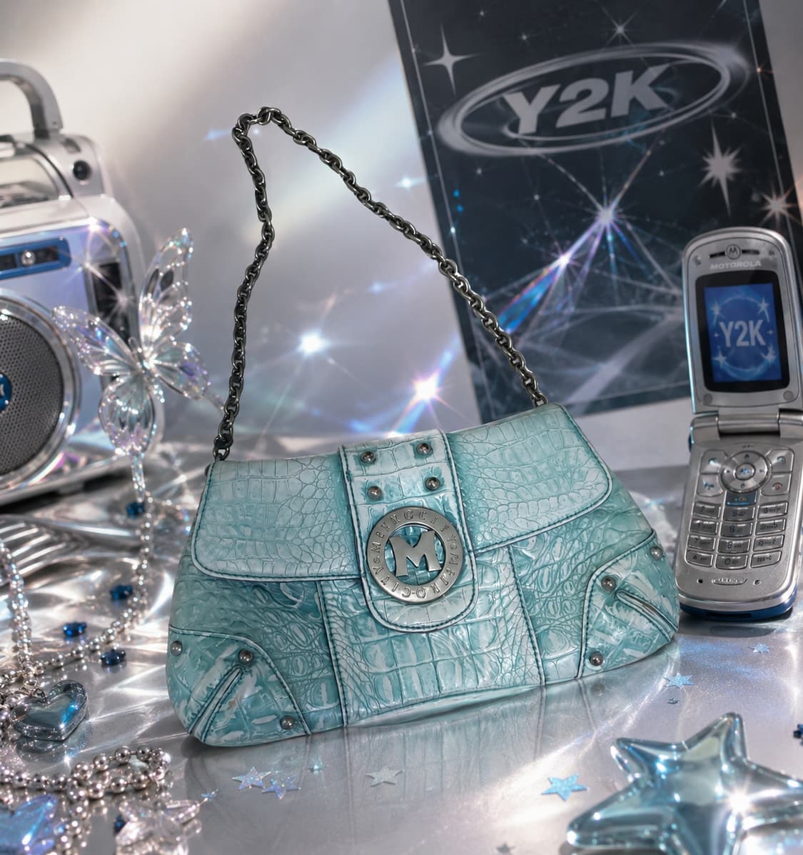 긱시크💎//메트로시티 Y2K 스카이블루 파이톤 엠보 체인 숄더백 상품이미지1