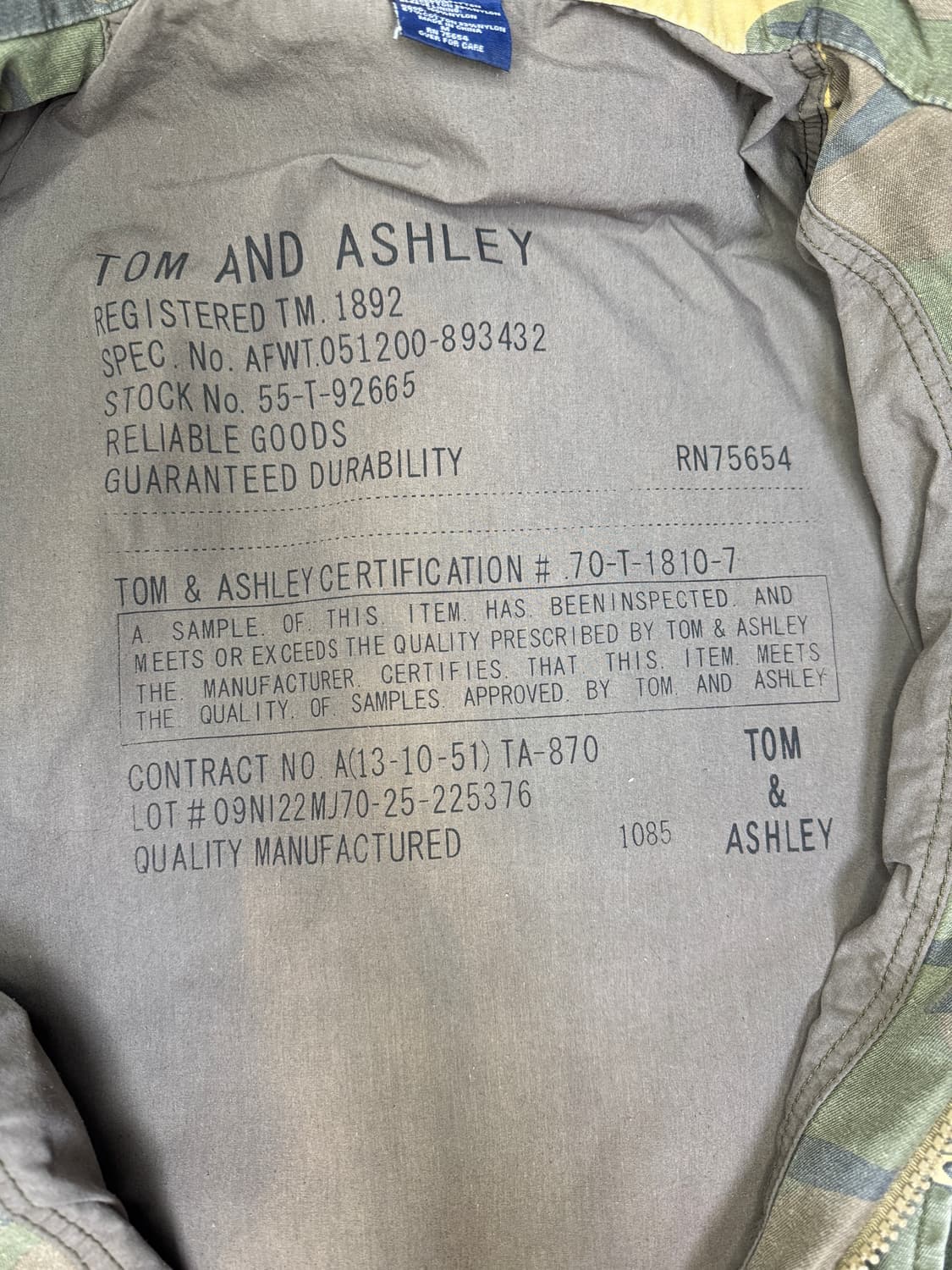 빈티지 TOM&ASHLEY M65 필드자켓 M 상품이미지5