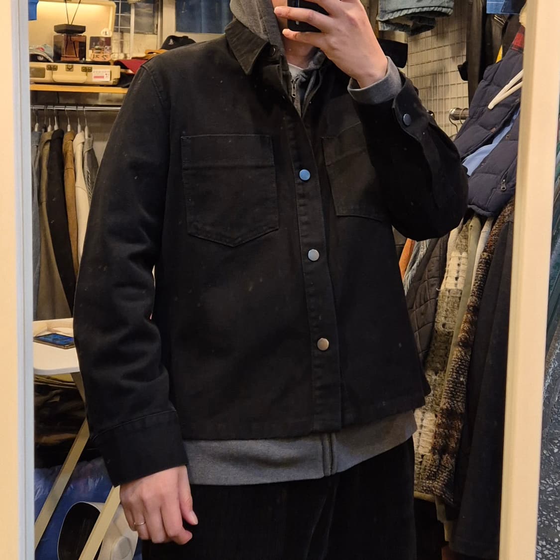 L~XL(착샷잇음) 블랙 면 숏 트러커자켓  상품이미지4