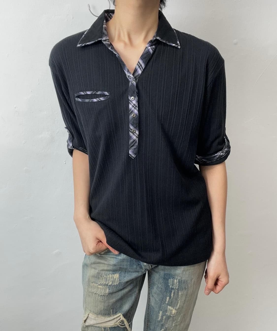 Ribbed Layered Check Sleeve 상품이미지1