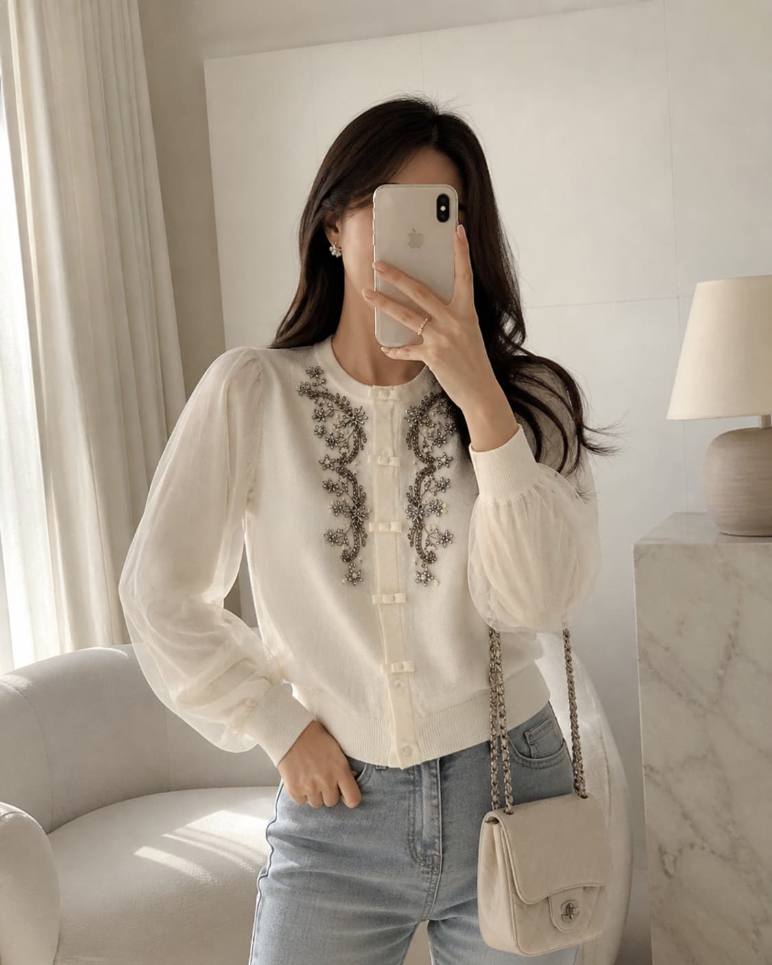 Chesty (체스티) 아이보리 오간자 소매 비쥬 가디건 상품이미지2