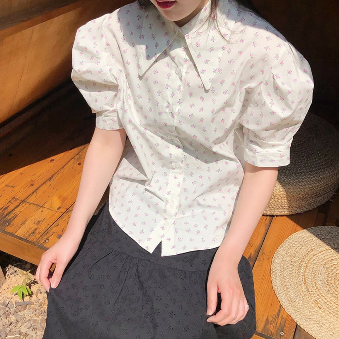 파스텔 핑크 플라워 화이트 아이보리 퍼프 블라우스 상품이미지1