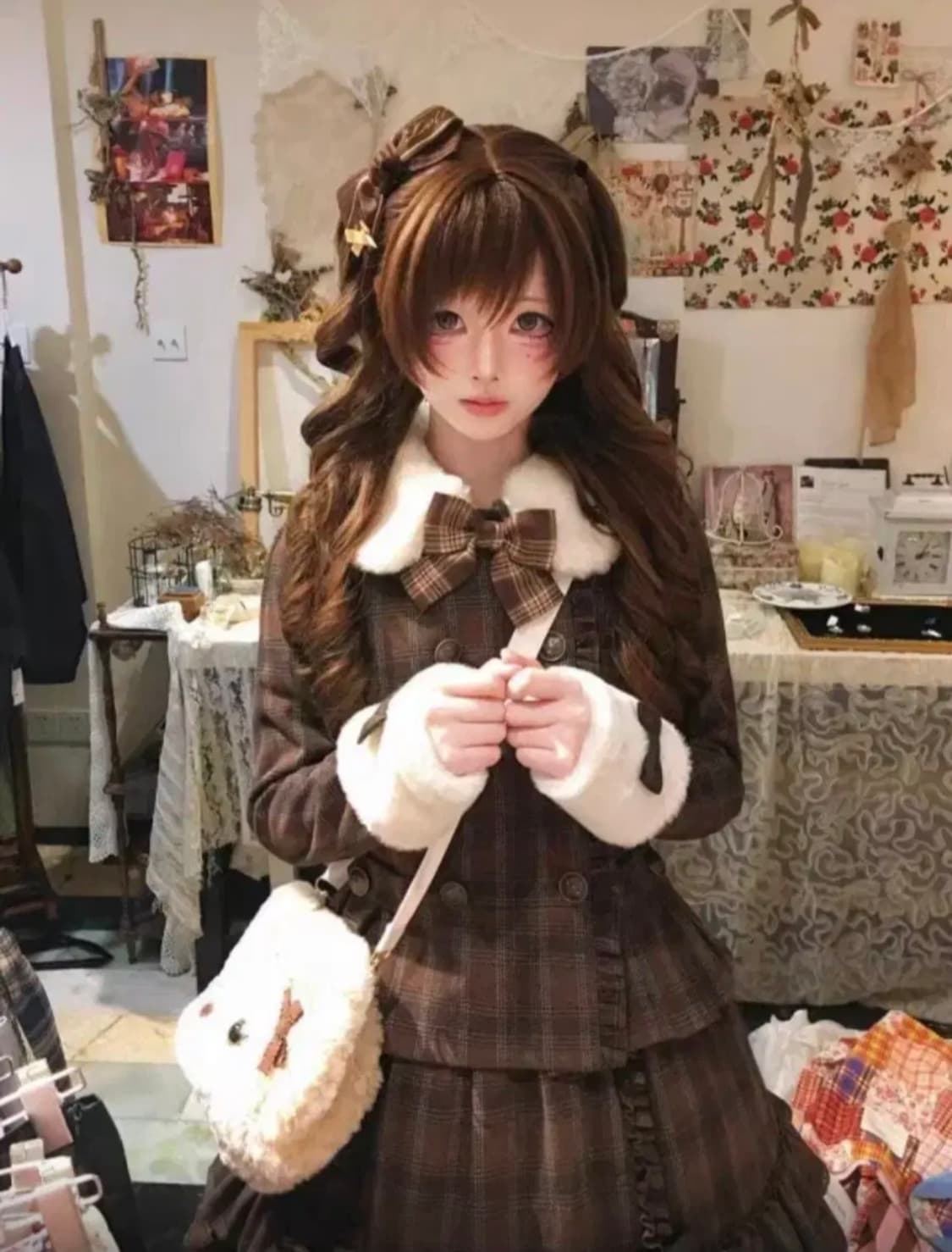 브라운 체크 로리타 투피스 세트 라떼갸루 초코 빈티지 갸루 러블리히메갸루 상품이미지3