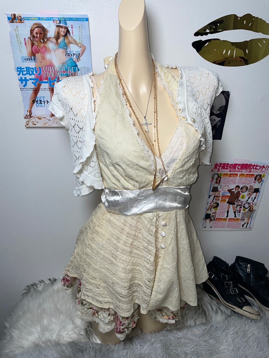 Set) 러블리 로맨틱 히메 갸루 연노랑 슬리브리스 세트 상품이미지2