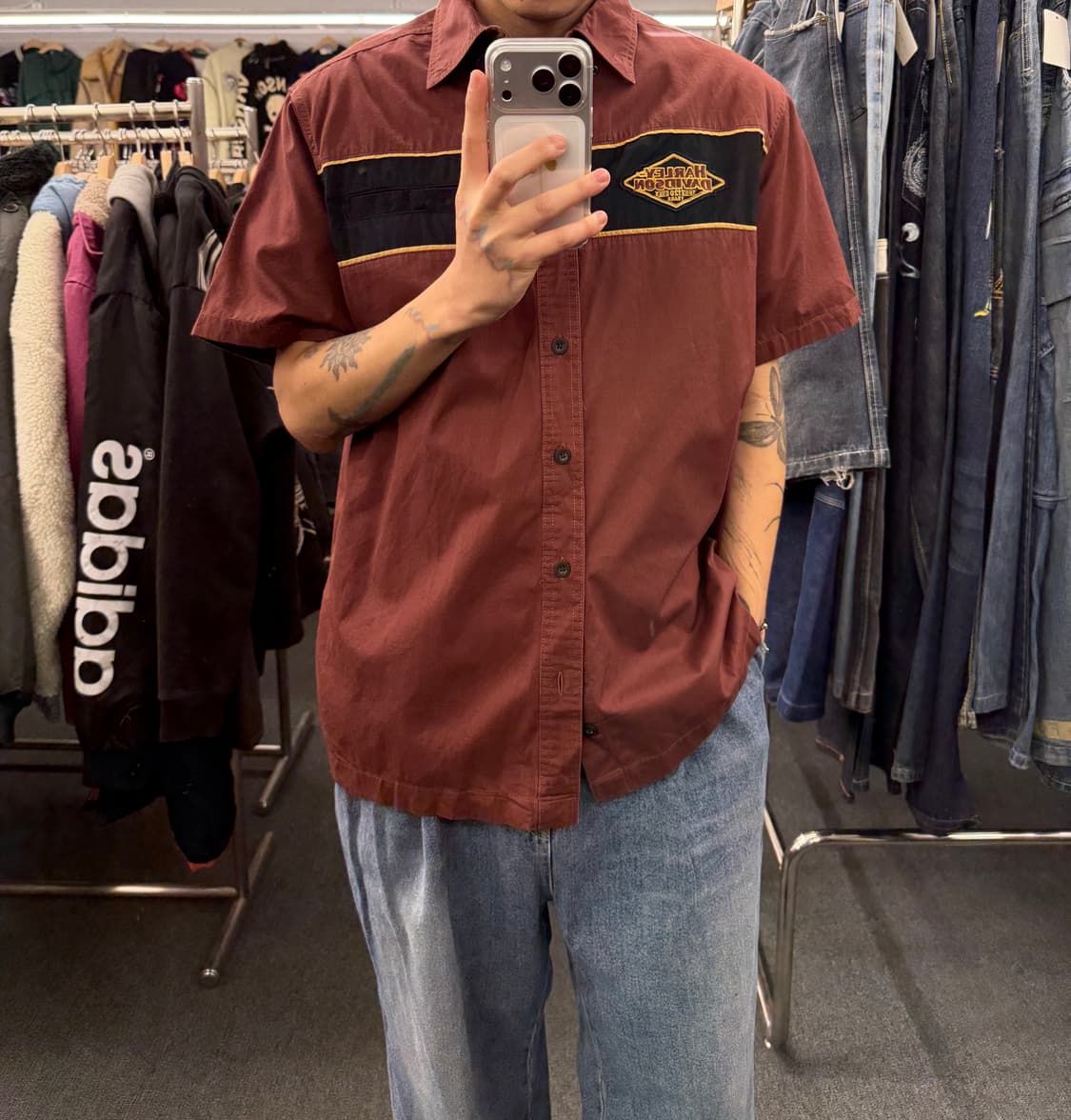 L)할리데이비슨 120주년 vintage 버건디 메카닉 반팔셔츠 상품이미지1