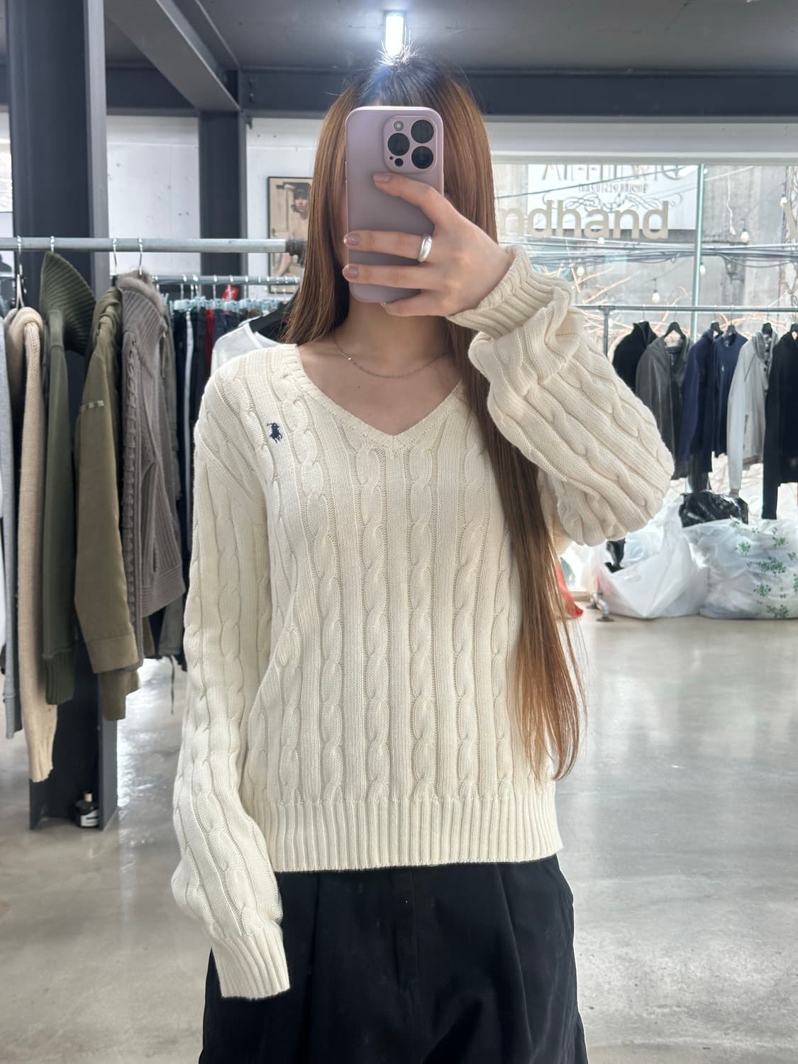 폴로랄프로렌 브이넥 케이블 니트 아이보리 상품이미지1