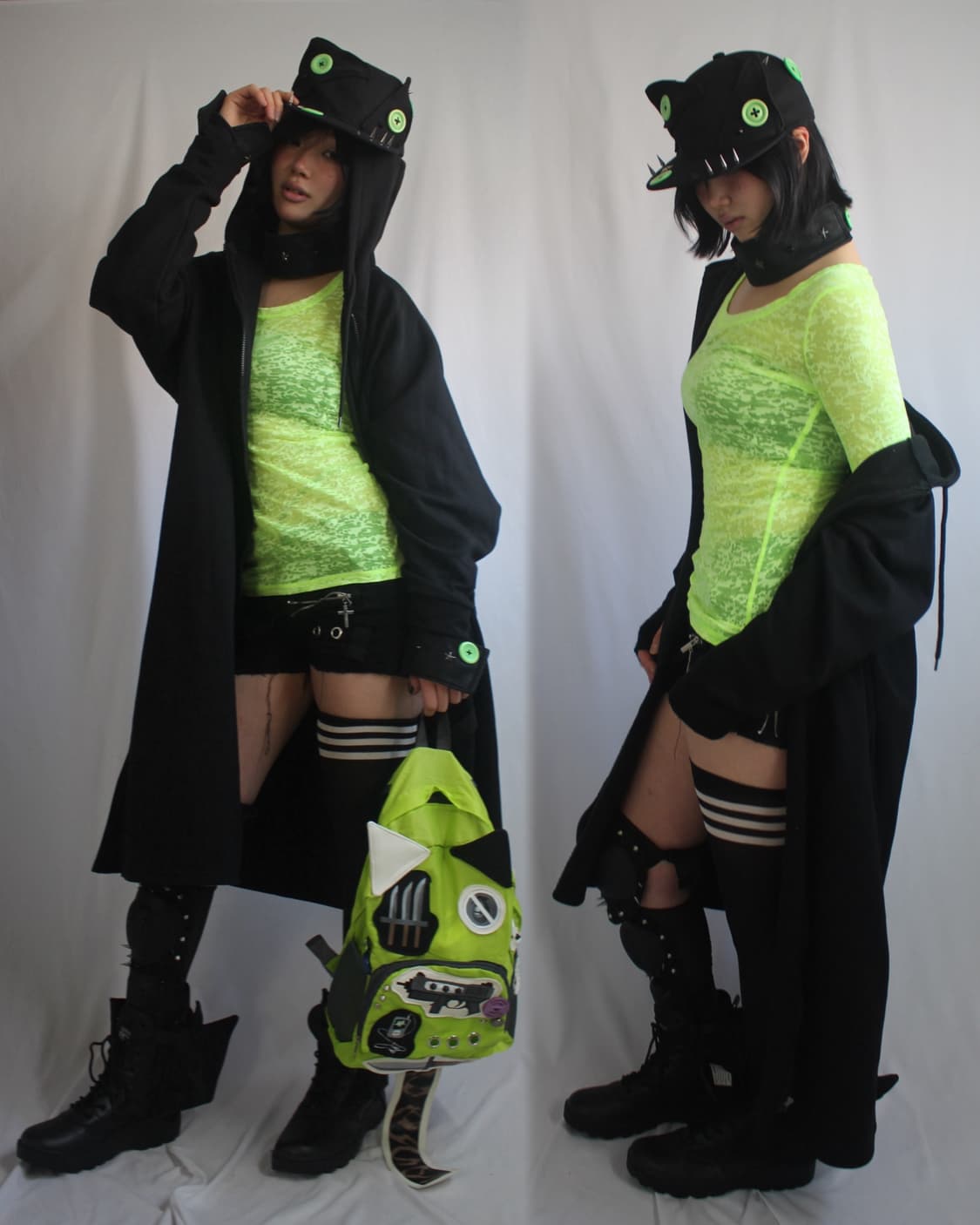 Neon GREEN Cat-Ear 2D drawn backpack 상품이미지10