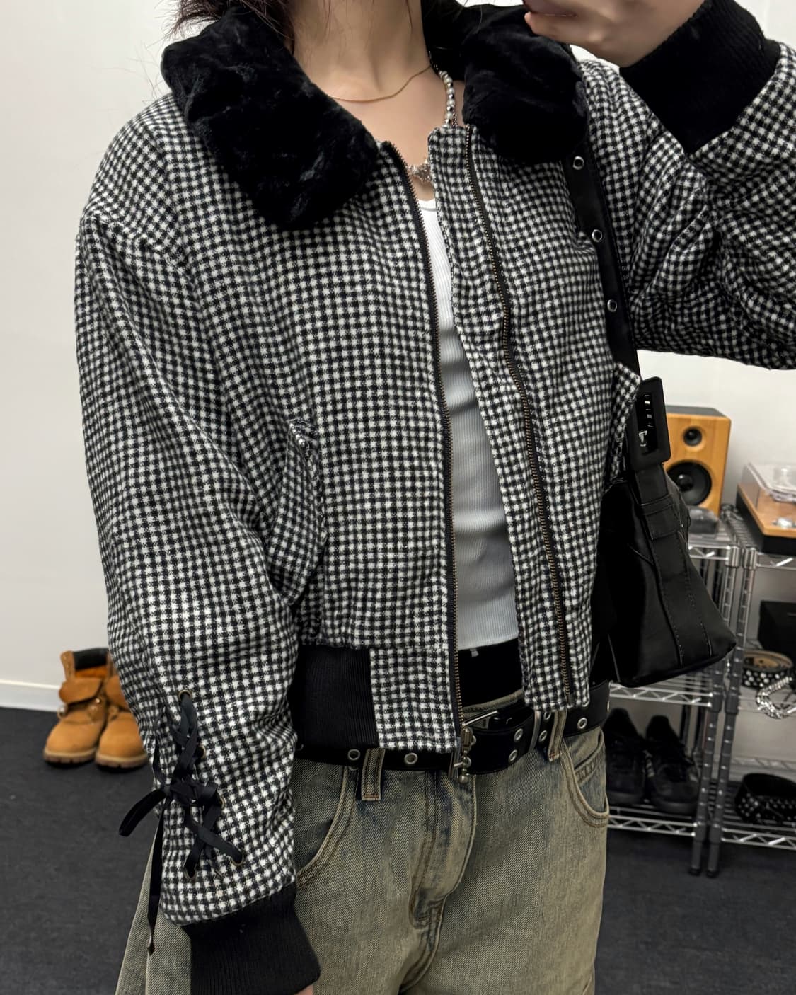 올드 빈티지 체크패턴 크롭 퍼 자켓 상품이미지3