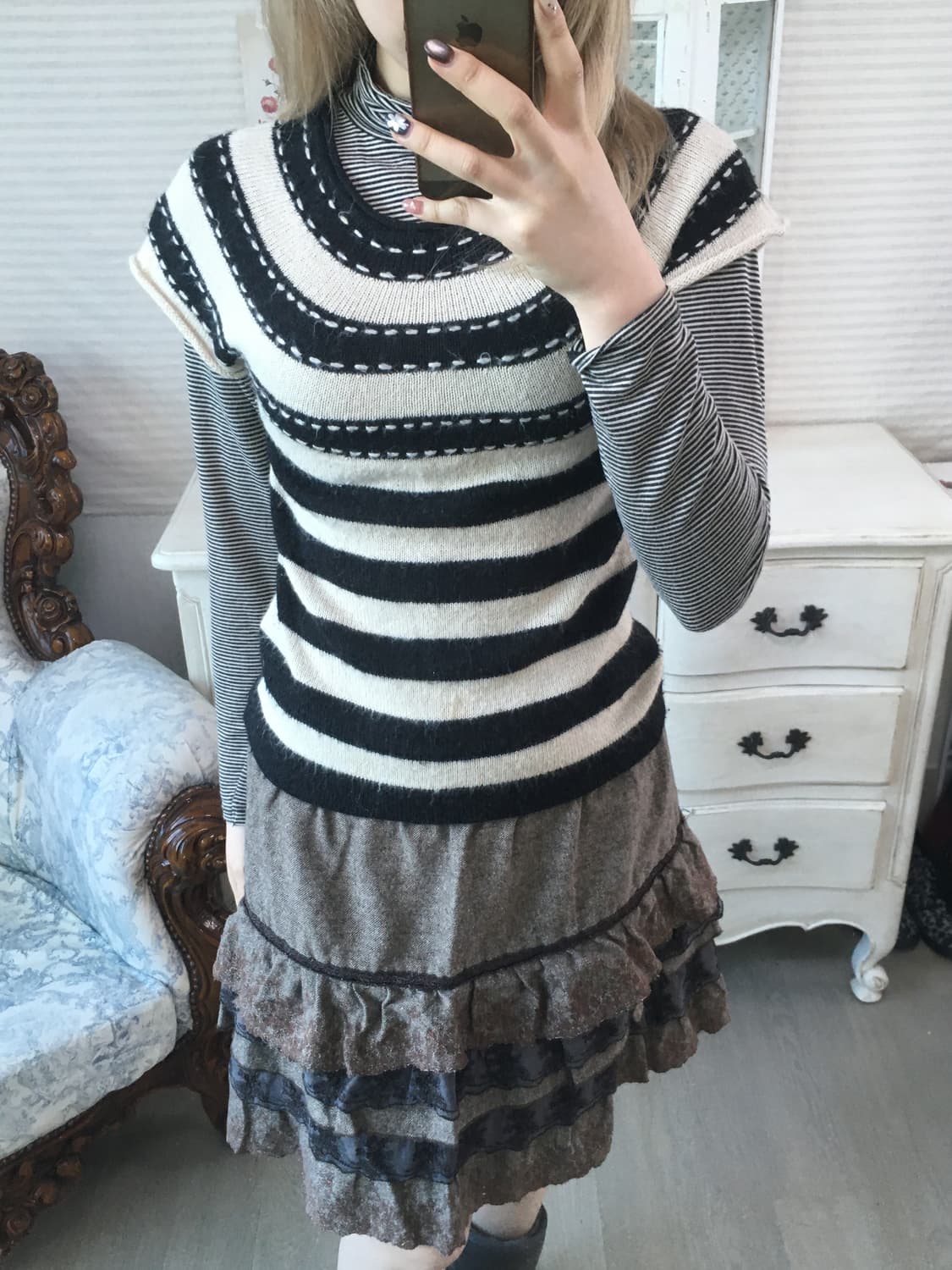 일본빈티지 블랙 아이보리 스티치 하프 니트 상품이미지1