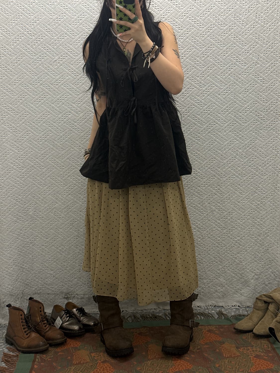 빈티지 레트로 Y2K 시어 땡땡이 도트 핀턱 플레어 롱스커트 K0062 상품이미지2