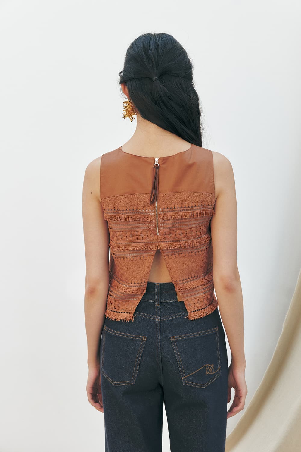 [s] KUME 쿠메 프린지 레이스 보헤미안 에스닉 민소매 나시 탑 상품이미지2