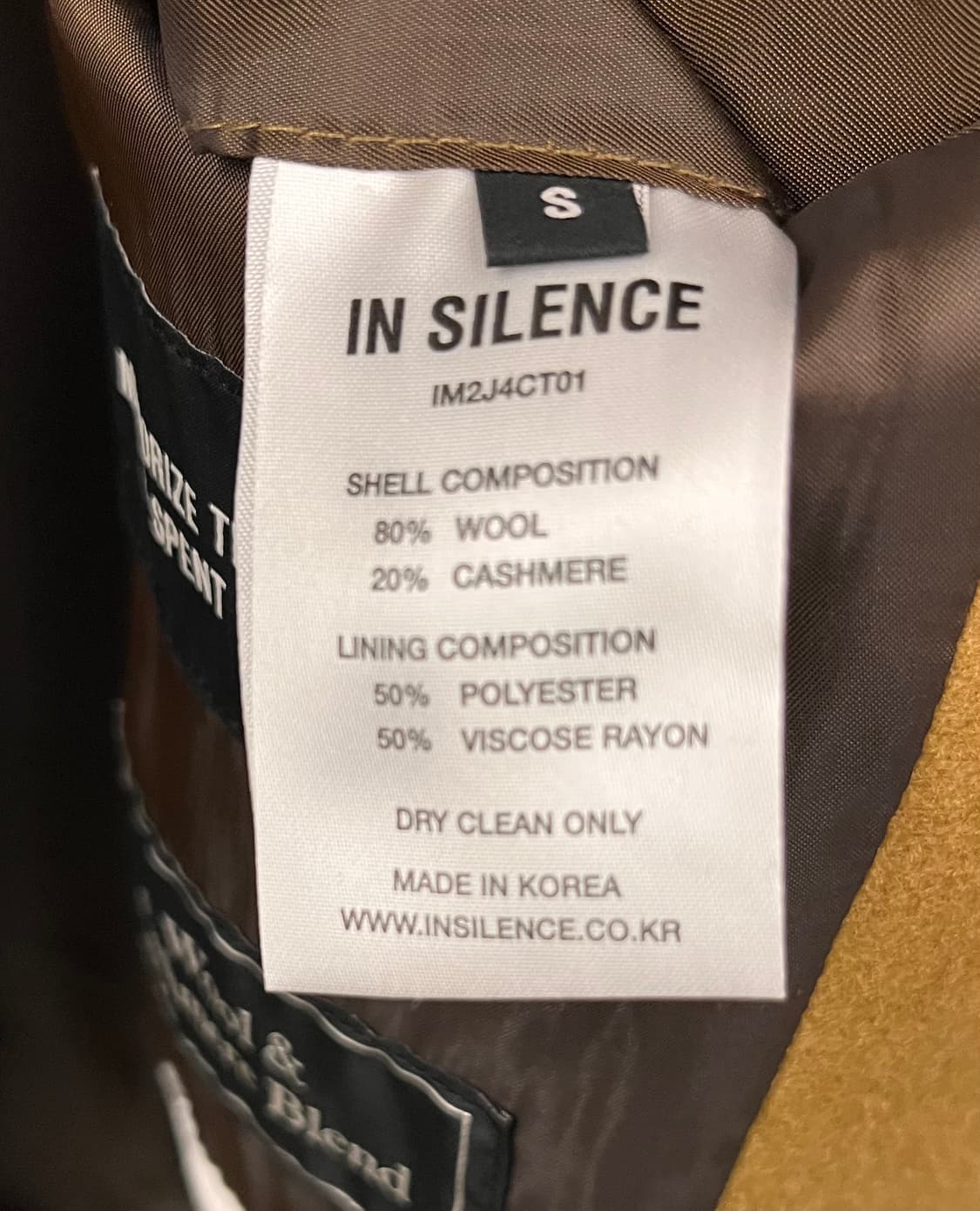 인사일런스 울 캐시미어 싱글 코트 S 카멜 상품이미지5