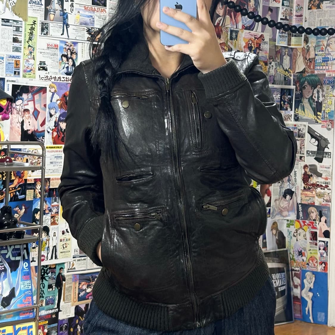 빈티지 브라운 양가죽 포켓 디테일 하이넥 자켓 상품이미지2