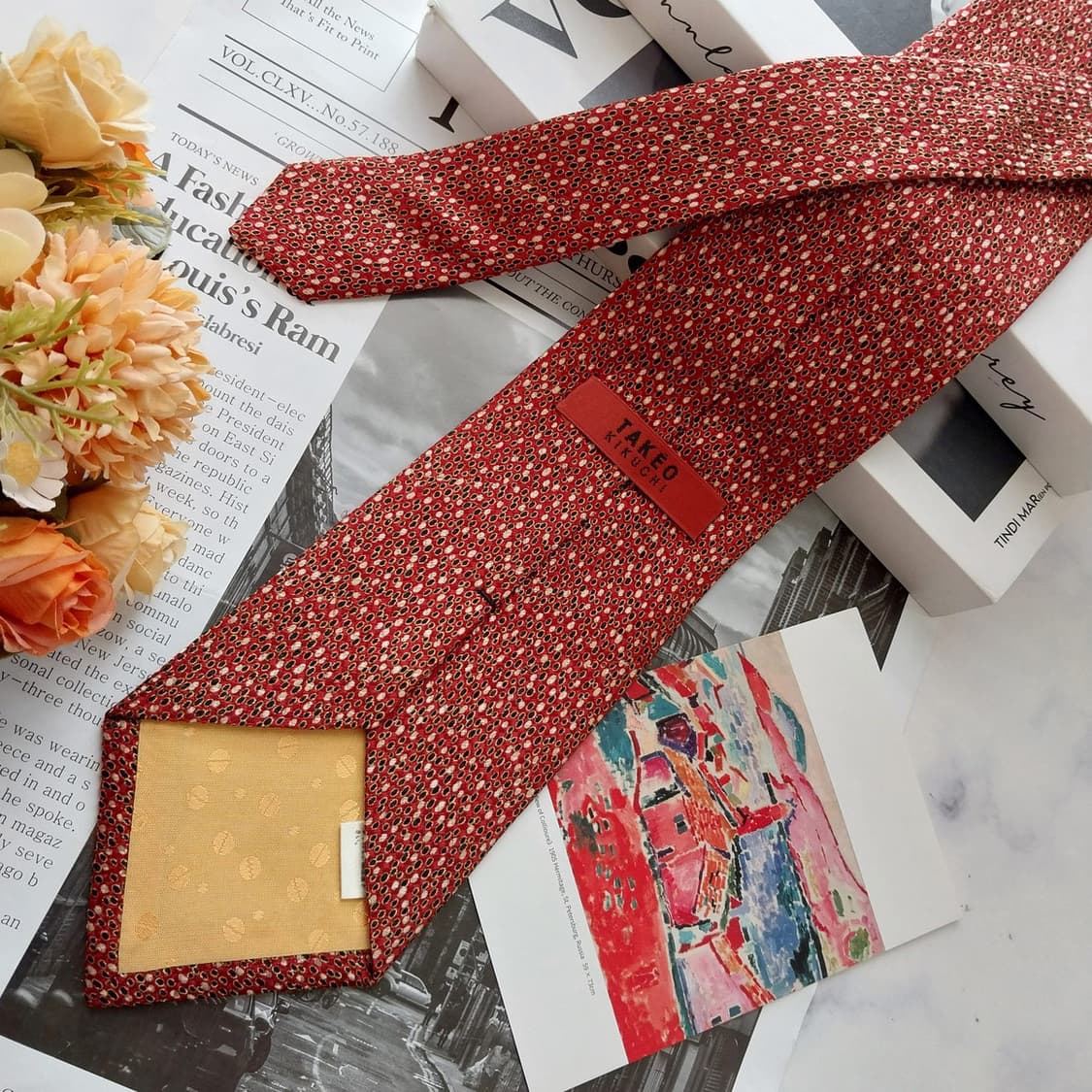 타케오 키쿠치 실크 레드 패턴 넥타이 9.7cm A+등급 K2536
 상품이미지5